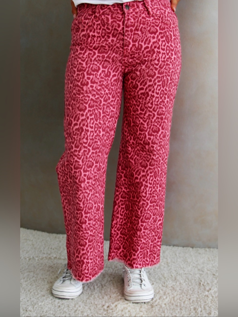 Pink Leopard Print Wide Leg Jeans